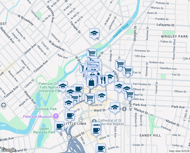 map of restaurants, bars, coffee shops, grocery stores, and more near 65 Broadway in Paterson