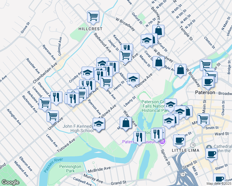 map of restaurants, bars, coffee shops, grocery stores, and more near 113 Wayne Avenue in Paterson