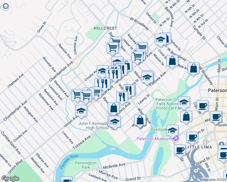 map of restaurants, bars, coffee shops, grocery stores, and more near 37 Manchester Avenue in Paterson