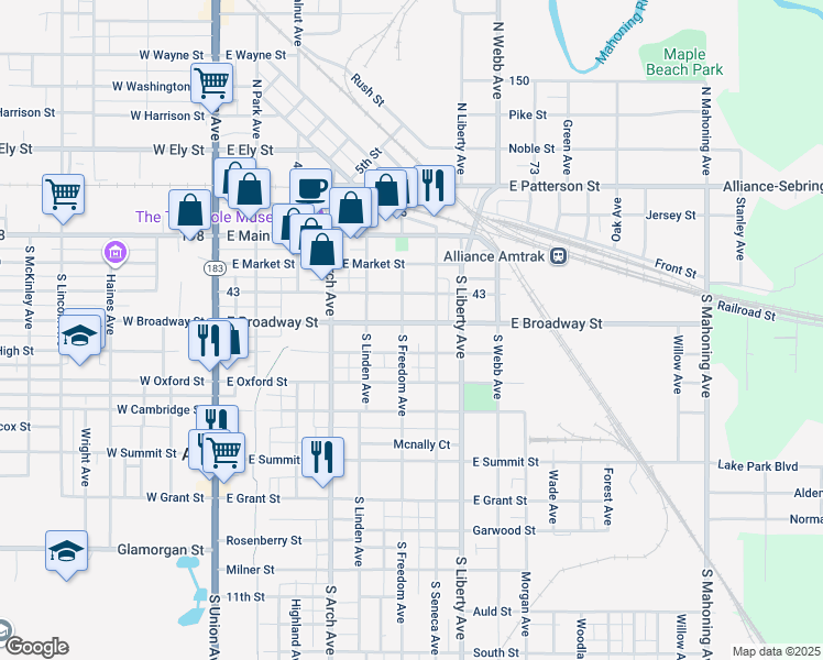 map of restaurants, bars, coffee shops, grocery stores, and more near 345 South Seneca Avenue in Alliance