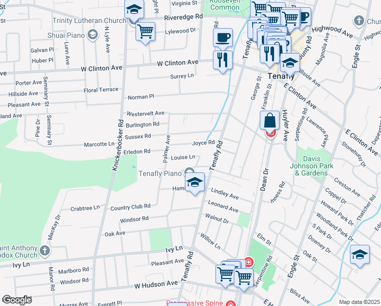 map of restaurants, bars, coffee shops, grocery stores, and more near 27 Louise Lane in Tenafly