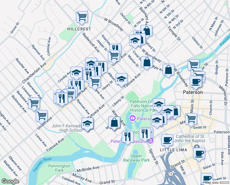 map of restaurants, bars, coffee shops, grocery stores, and more near 399 Totowa Avenue in Paterson