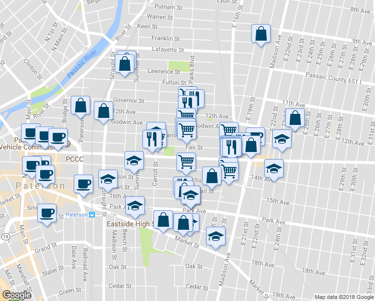 map of restaurants, bars, coffee shops, grocery stores, and more near 284 Rosa Parks Boulevard in Paterson