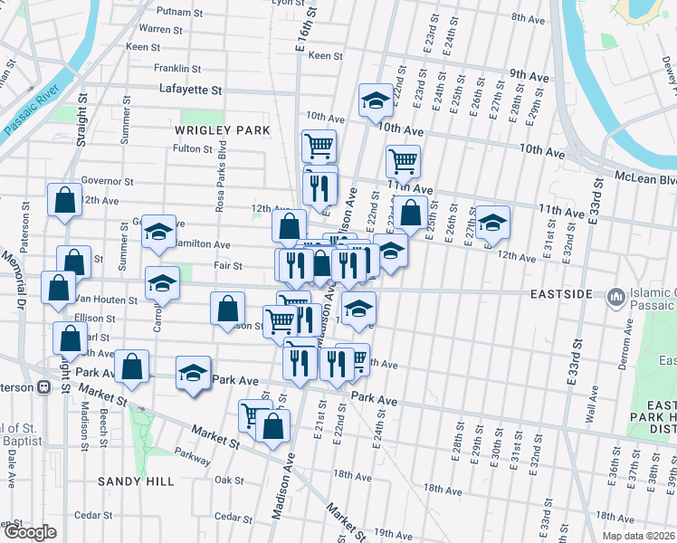 map of restaurants, bars, coffee shops, grocery stores, and more near 473 Broadway in Paterson