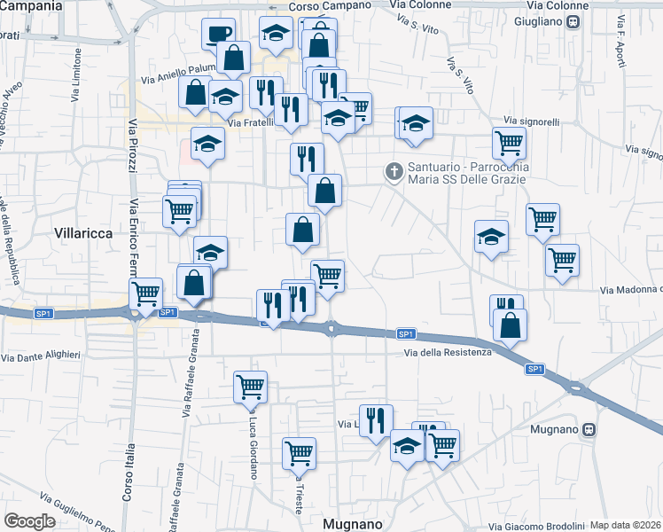 map of restaurants, bars, coffee shops, grocery stores, and more near 42 Via Mugnano-Giugliano in Villaricca