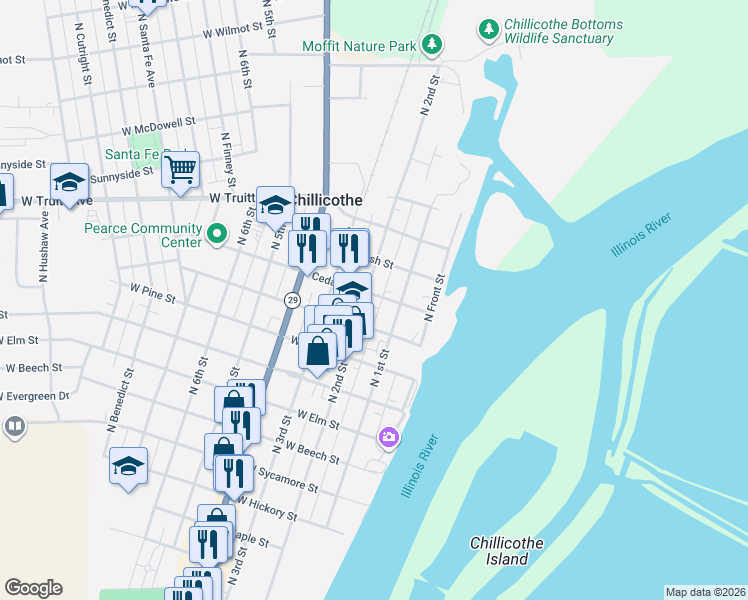 map of restaurants, bars, coffee shops, grocery stores, and more near 1114 North 2nd Street in Chillicothe