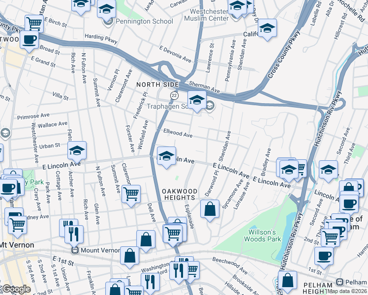 map of restaurants, bars, coffee shops, grocery stores, and more near 465 East Lincoln Avenue in Mount Vernon