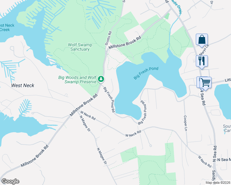 map of restaurants, bars, coffee shops, grocery stores, and more near 255 Big Fresh Pond Road in Southampton