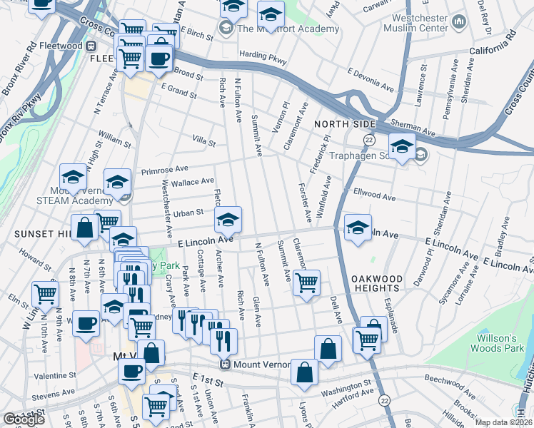 map of restaurants, bars, coffee shops, grocery stores, and more near 211 North Fulton Avenue in Mount Vernon