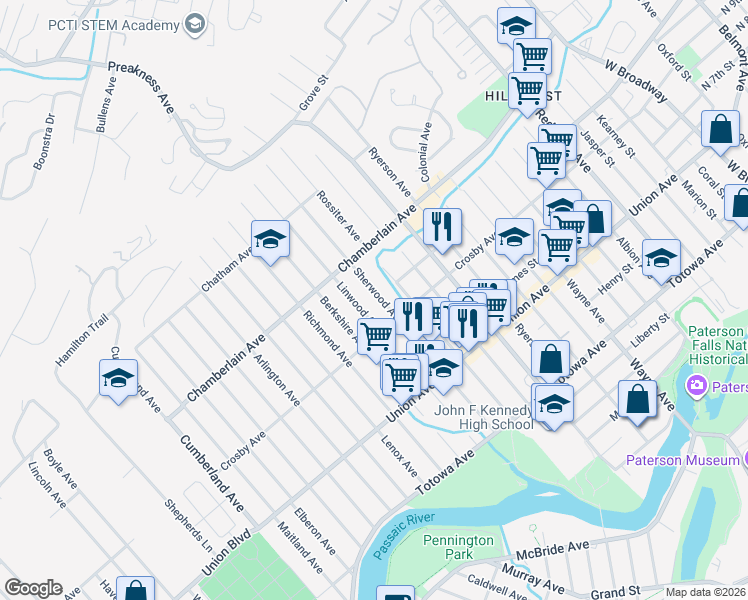 map of restaurants, bars, coffee shops, grocery stores, and more near 223 Linwood Avenue in Paterson