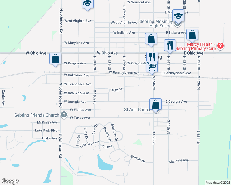 map of restaurants, bars, coffee shops, grocery stores, and more near 366 West Georgia Avenue in Sebring