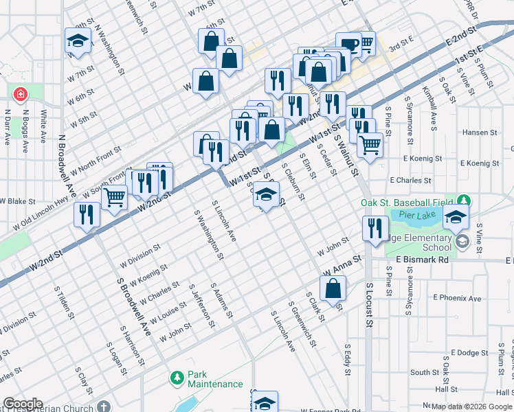 map of restaurants, bars, coffee shops, grocery stores, and more near 251-299 South Greenwich Street in Grand Island
