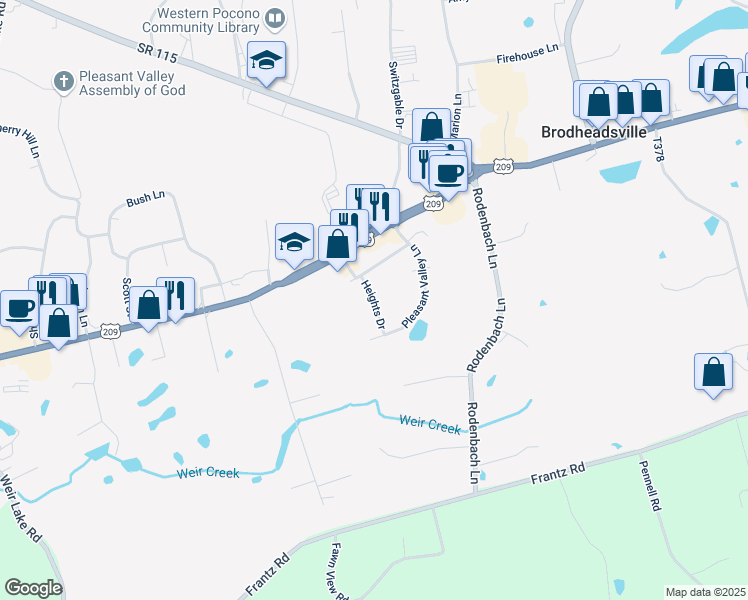 map of restaurants, bars, coffee shops, grocery stores, and more near Heights Drive in Brodheadsville