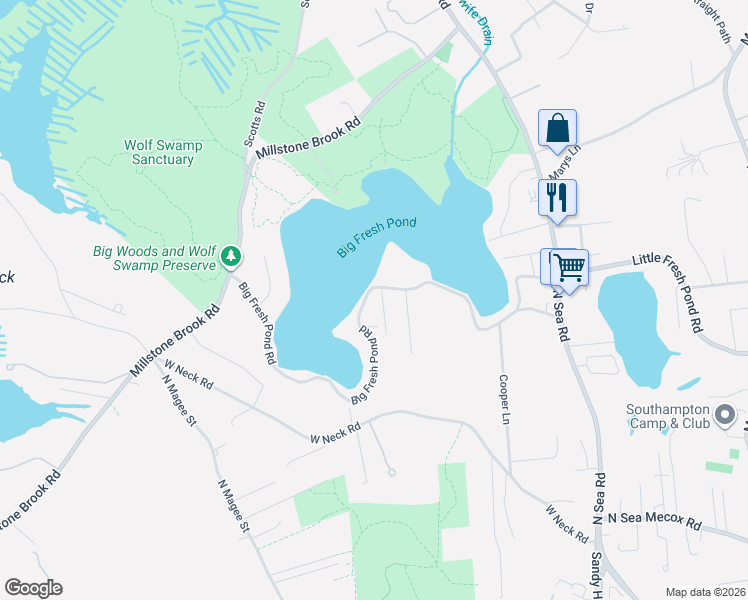 map of restaurants, bars, coffee shops, grocery stores, and more near 132 Big Fresh Pond Road in Southampton