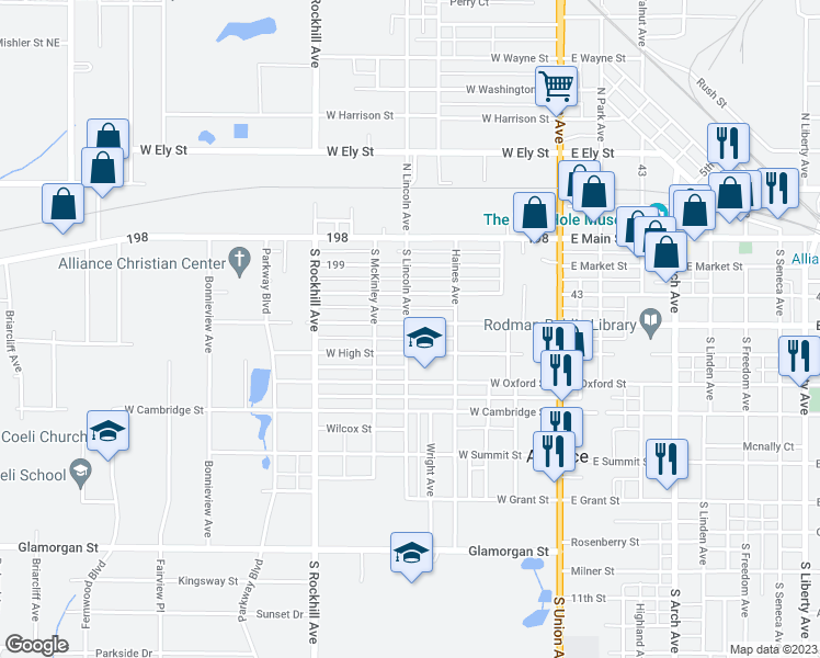 map of restaurants, bars, coffee shops, grocery stores, and more near 290 West Broadway Street in Alliance