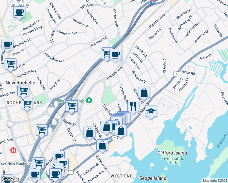 map of restaurants, bars, coffee shops, grocery stores, and more near 95 Lispenard Avenue in New Rochelle