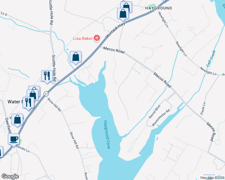 map of restaurants, bars, coffee shops, grocery stores, and more near 146 Olivers Cove Lane in Water Mill