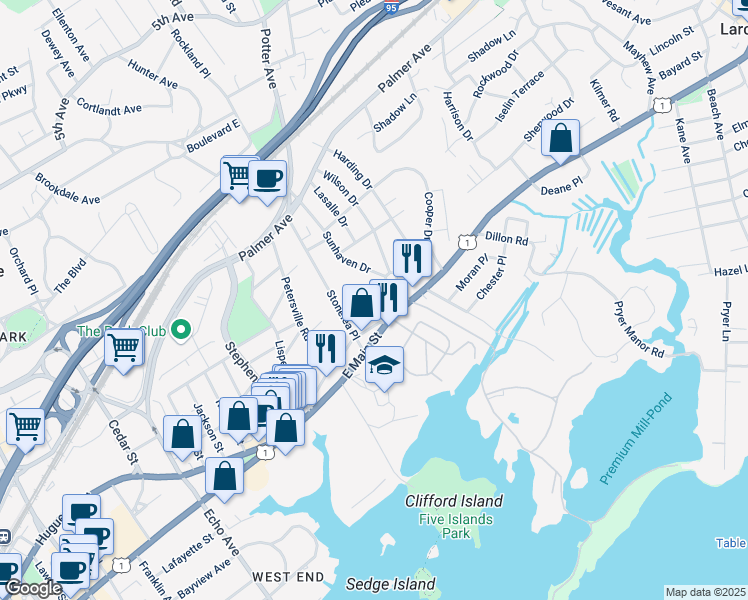 map of restaurants, bars, coffee shops, grocery stores, and more near 11 Old Boston Post Road in New Rochelle