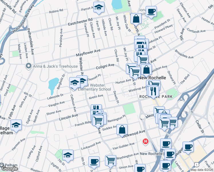 map of restaurants, bars, coffee shops, grocery stores, and more near 125 Winthrop Avenue in New Rochelle