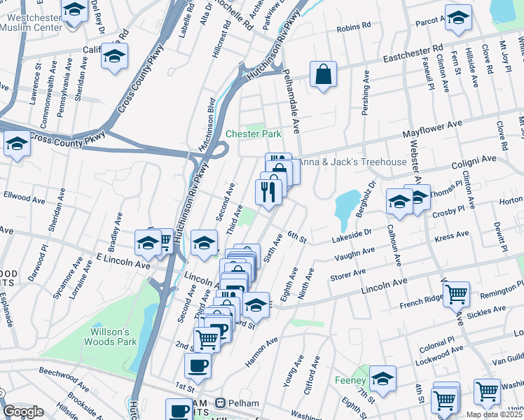 map of restaurants, bars, coffee shops, grocery stores, and more near 475 Fifth Avenue in Village of Pelham