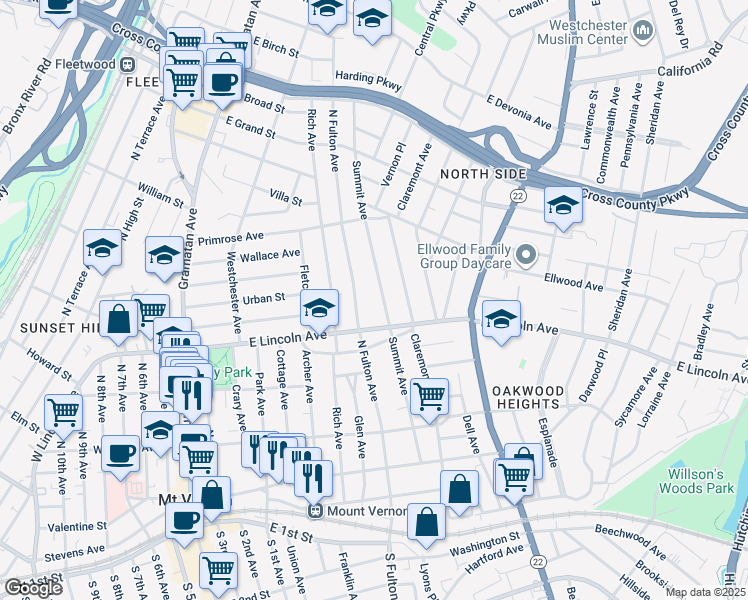 map of restaurants, bars, coffee shops, grocery stores, and more near 211 North Fulton Avenue in Mount Vernon