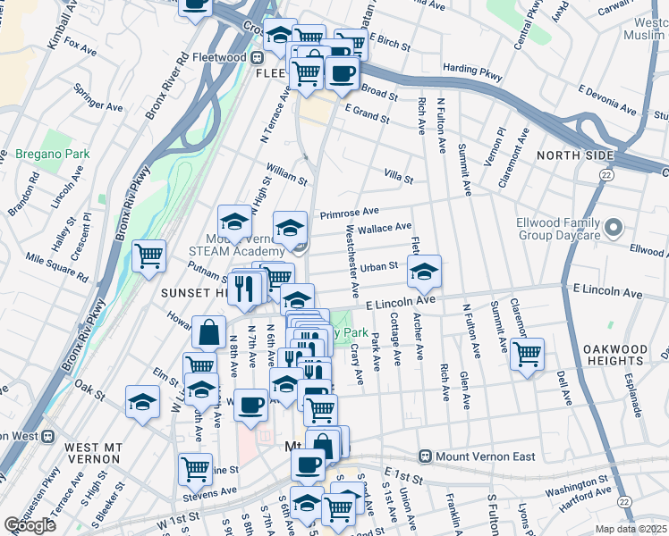 map of restaurants, bars, coffee shops, grocery stores, and more near 31 Chester Street in Mount Vernon