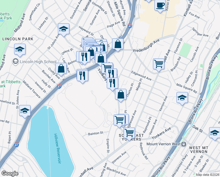 map of restaurants, bars, coffee shops, grocery stores, and more near 881 Yonkers Avenue in Yonkers