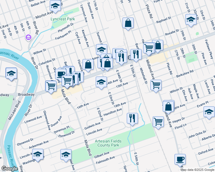 map of restaurants, bars, coffee shops, grocery stores, and more near 6 15th Avenue in Elmwood Park