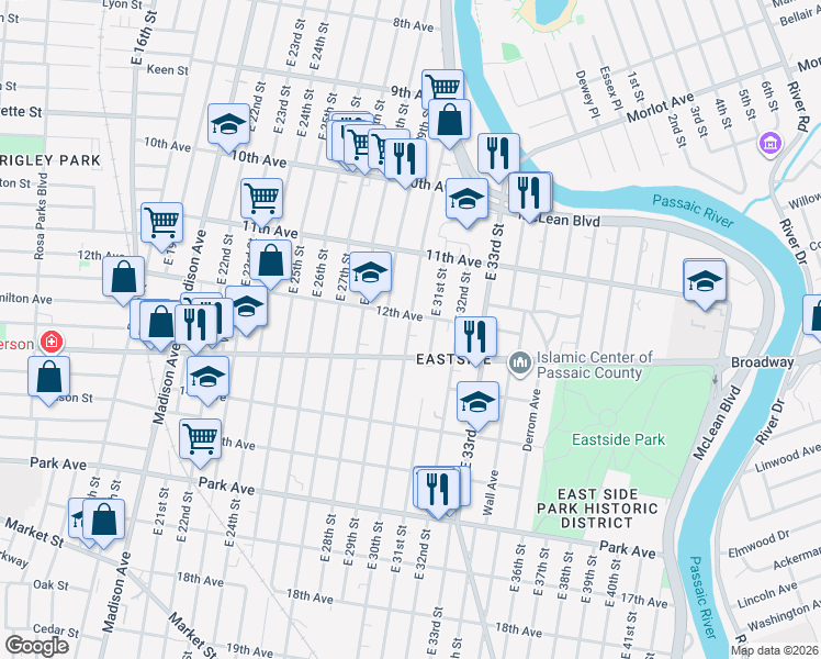 map of restaurants, bars, coffee shops, grocery stores, and more near 665 Broadway in Paterson