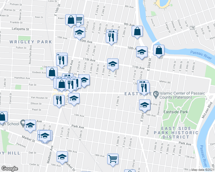map of restaurants, bars, coffee shops, grocery stores, and more near 599 Doctor Martin Luther King Junior Way in Paterson