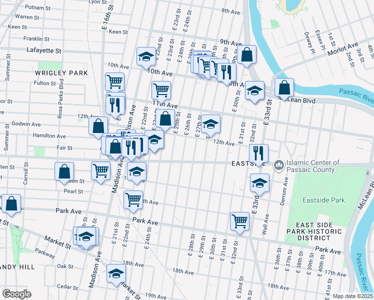 map of restaurants, bars, coffee shops, grocery stores, and more near 599 Doctor Martin Luther King Junior Way in Paterson