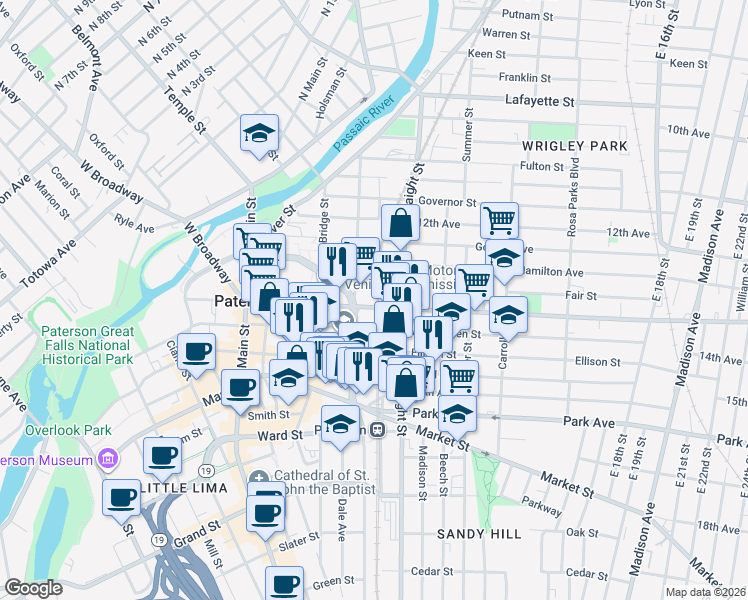 map of restaurants, bars, coffee shops, grocery stores, and more near 176 Broadway in Paterson