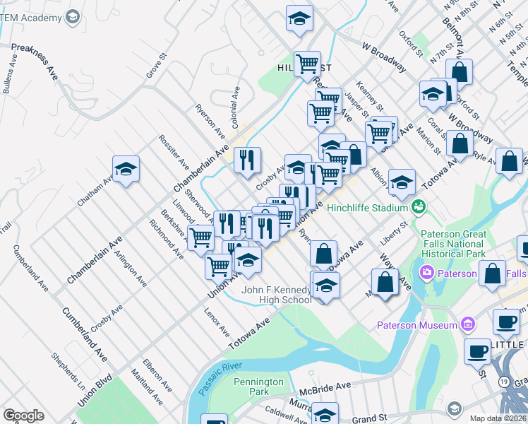 map of restaurants, bars, coffee shops, grocery stores, and more near 236 Edmund Avenue in Paterson