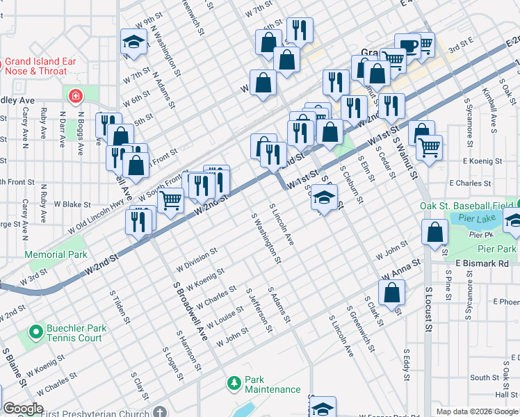 map of restaurants, bars, coffee shops, grocery stores, and more near 150-198 South Washington Street in Grand Island