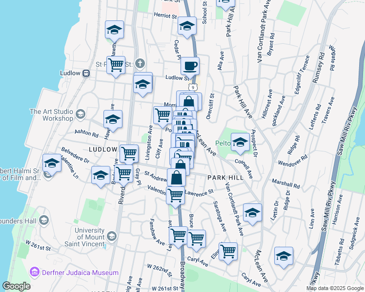 map of restaurants, bars, coffee shops, grocery stores, and more near 434 South Broadway in Yonkers