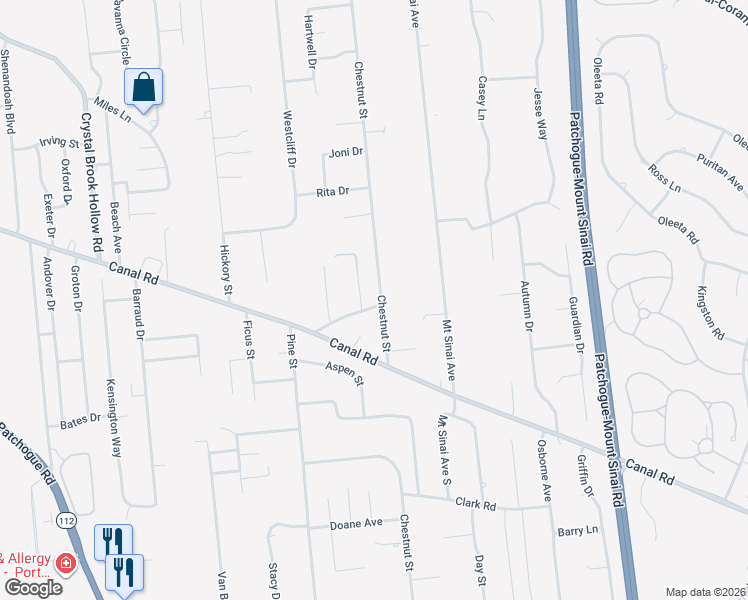 map of restaurants, bars, coffee shops, grocery stores, and more near 23 Wheat Path Road West in Mount Sinai