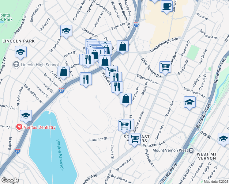 map of restaurants, bars, coffee shops, grocery stores, and more near 32 Huber Place in Yonkers