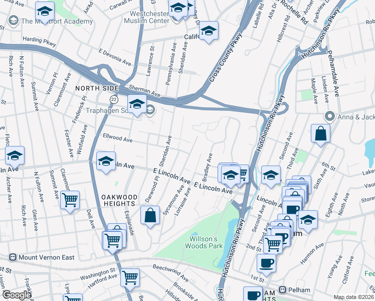 map of restaurants, bars, coffee shops, grocery stores, and more near 45 Marion Avenue in Mount Vernon