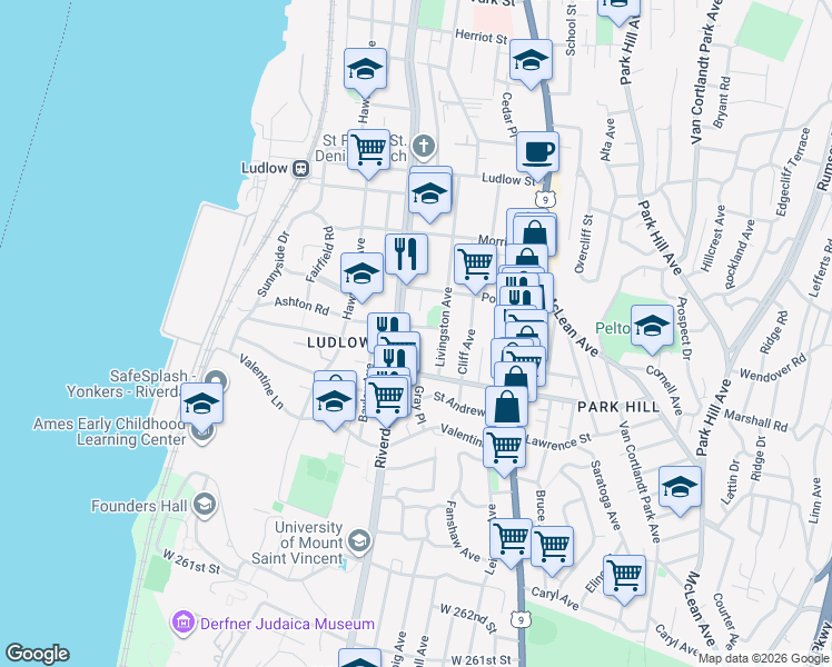 map of restaurants, bars, coffee shops, grocery stores, and more near 143 Livingston Avenue in Yonkers