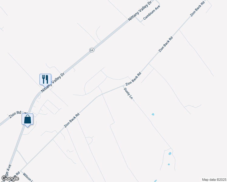 map of restaurants, bars, coffee shops, grocery stores, and more near 604 Zion Back Road in Bellefonte