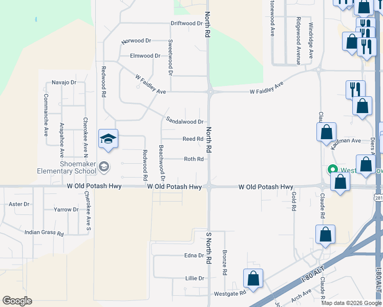 map of restaurants, bars, coffee shops, grocery stores, and more near 4018 Roth Road in Grand Island