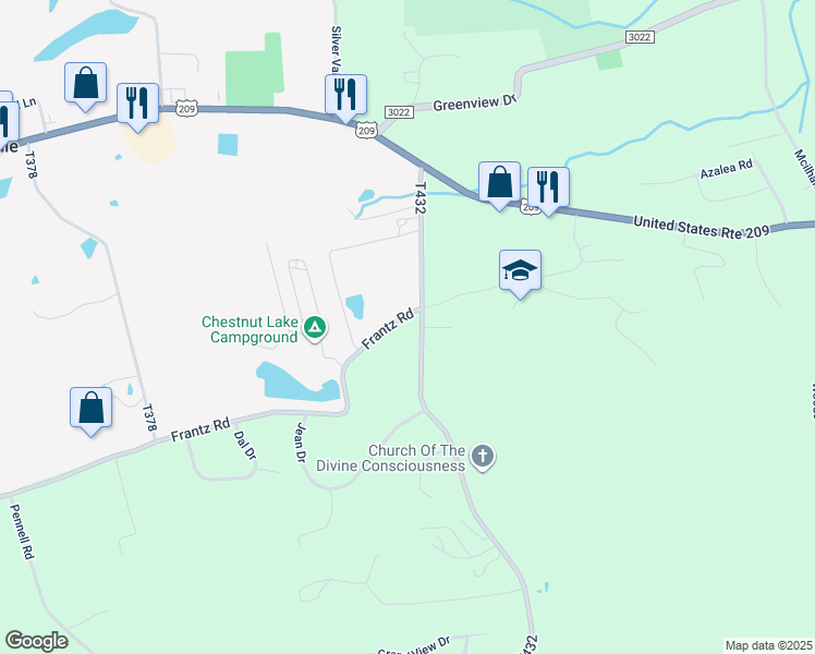 map of restaurants, bars, coffee shops, grocery stores, and more near 598 Frantz Road in Brodheadsville
