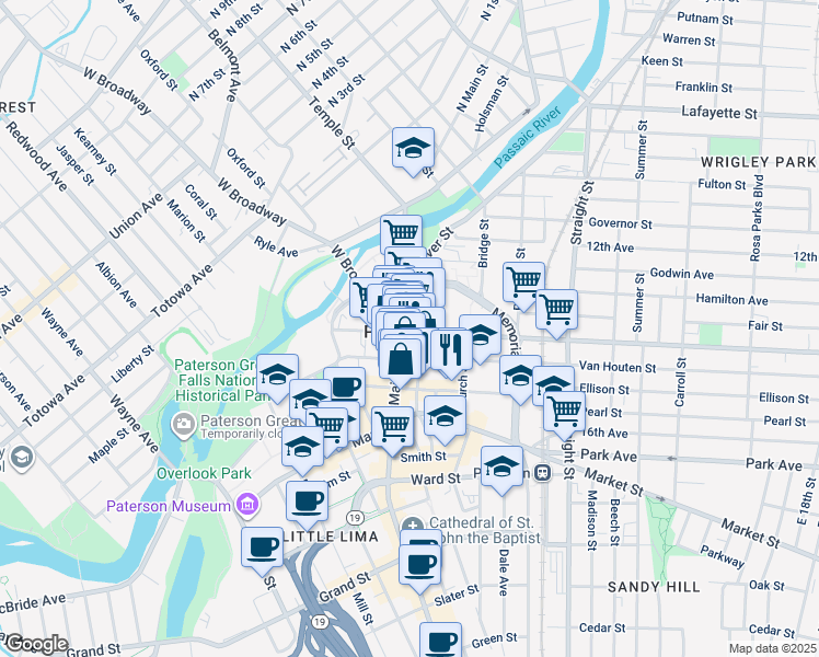 map of restaurants, bars, coffee shops, grocery stores, and more near 94 Washington Street in Paterson