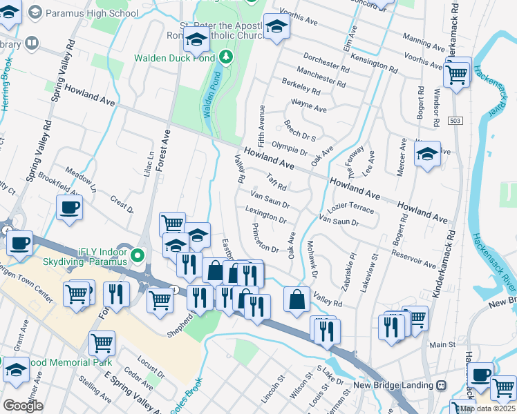 map of restaurants, bars, coffee shops, grocery stores, and more near 304 Lexington Drive in River Edge