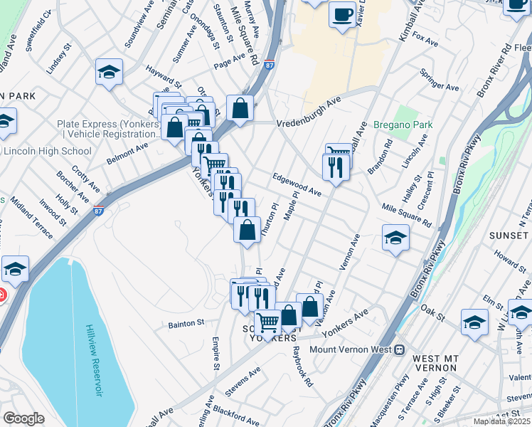 map of restaurants, bars, coffee shops, grocery stores, and more near 185 Hildreth Place in Yonkers