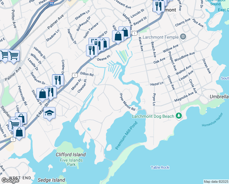 map of restaurants, bars, coffee shops, grocery stores, and more near 8 Dogwood Lane in Larchmont