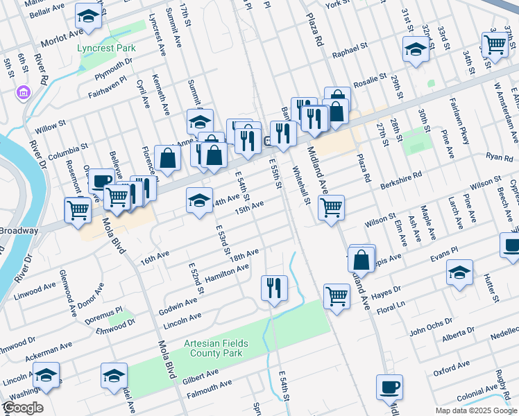 map of restaurants, bars, coffee shops, grocery stores, and more near 121 16th Avenue in Elmwood Park