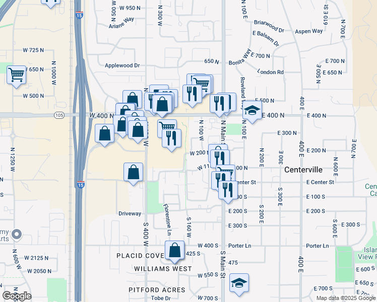 map of restaurants, bars, coffee shops, grocery stores, and more near 88 West 50 South in Centerville