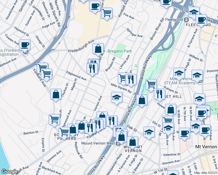 map of restaurants, bars, coffee shops, grocery stores, and more near 79 Winfred Avenue in Yonkers