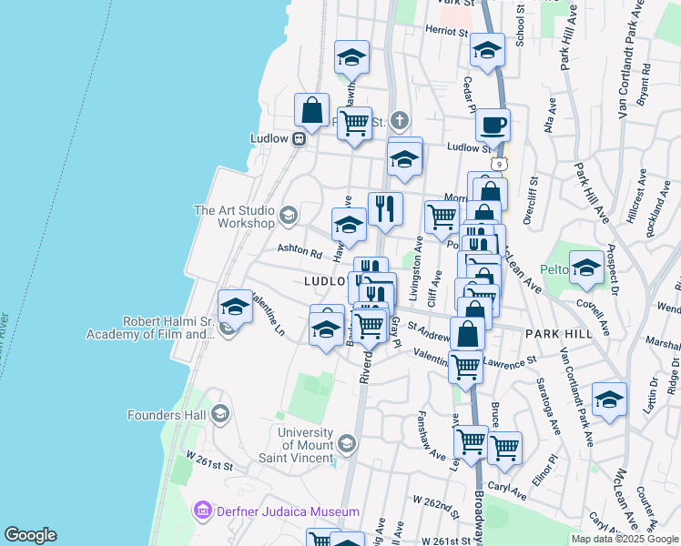 map of restaurants, bars, coffee shops, grocery stores, and more near 408 Hawthorne Avenue in Yonkers